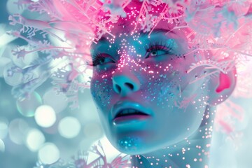 A Dream in Neon Lights: A Womans Face Illuminated by Glowing Filigree. Generative AI