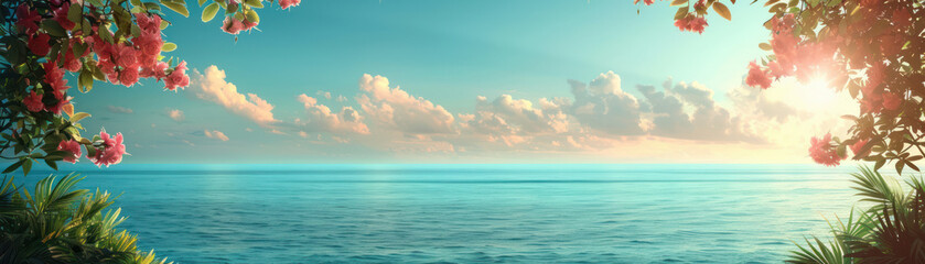 Serene Tropical Ocean Sunrise with Vibrant Flowers and Clear Blue Sky Perfect for Relaxation, Meditation, and Peaceful Inspirations