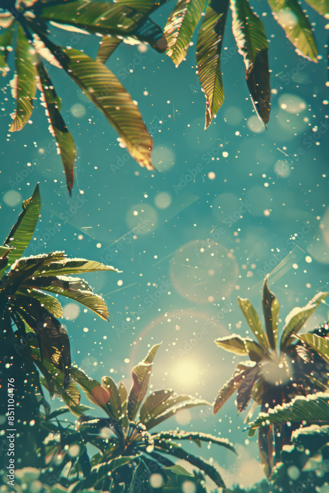 Poster tropical dreamscape sunlit palm trees under a lush sky with floating particles creating an ethereal 