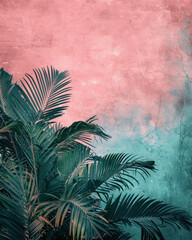 Tropical Palm Leaves Against a Vintage Pink and Teal Grunge Wall Background Aesthetic Nature Photography for Modern Home Decor and Nature Lovers