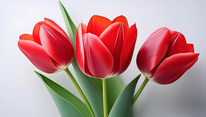 Naklejka premium Three Red Tulips In Bloom Against A White Background 