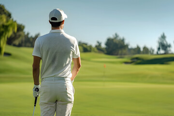 A golfer contemplates the golf course in the beautiful sunset scenery