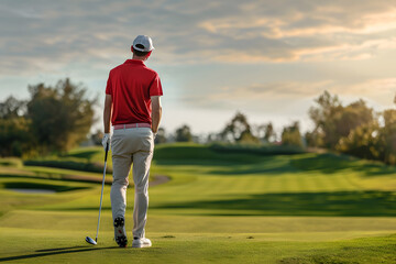 A golfer contemplates the golf course in the beautiful sunset scenery