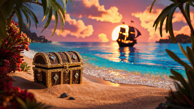 Miniature treasure chest filled with valuable gemstones and gold on a tropical island beach with a silhouette of a pirate ship against the bright sunset horizon.