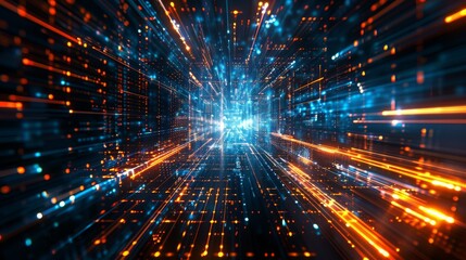 abstract Digital tunnel with blue and orange lights streaking towards a bright center