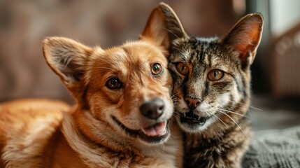 Happy Dog and Cat Looking at the Camera: Portrait of Pet Companionship