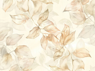 Delicate floral wallpaper, muted cream with pastel petals, flowing vines, soft lighting.
