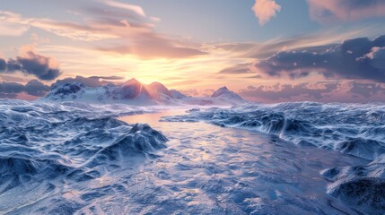 Icy sunrise over rugged terrain with snow-capped mountains and vibrant sky