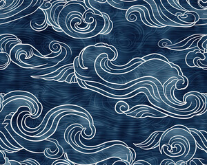 Seamless Japanese wave wallpaper, indigo blue colors, white motifs, symmetrical waves, soft lighting.