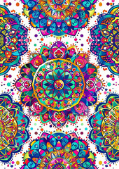 Vibrant mandala wallpaper, white with multicolor circles, detailed design, bright balanced lighting.