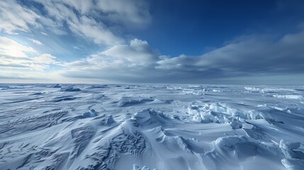 Arctic Silence, Polar ice fields, Serene snow-covered dunes under a clear sky with intricate patterns