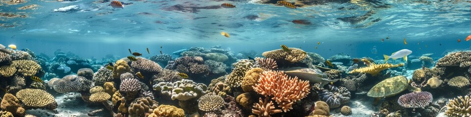 Fototapeta premium A thriving coral reef lagoon with diverse marine life in crystal-clear blue waters.