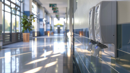Naklejka premium Modern hospital corridor with sunlight streaming through windows, school quarantine
