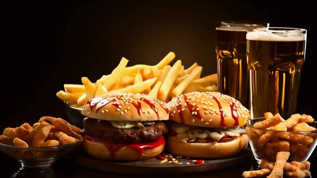 Grilled burgers with sesame seed buns, lettuce, and onions, served with crispy fries and ketchup. American, barbecue, fast food