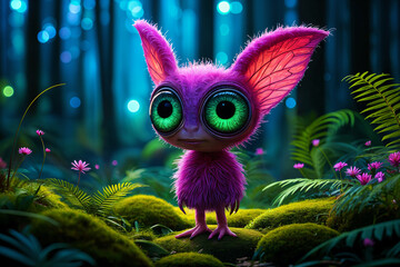 Cartoon pink alien creature with large, glowing green eyes and big ears, standing amidst a forest of ferns and flowers.