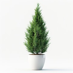 Tall cypress tree in a white minimalist pot isolated on a solid white background