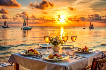 Romantic sunset dinner on beach. Table honeymoon set for two with luxurious food, glasses of champagne drinks in restaurant with sea view and yachts on background. Summer vacation or wedding concept.