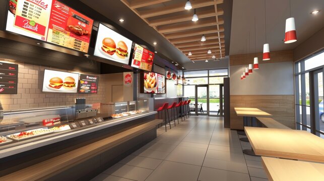 Inside a modern fast food restaurant with wood-paneled walls, red chairs, and a large display case of food items. The minimalist design has bright lighting and a welcoming vibe.