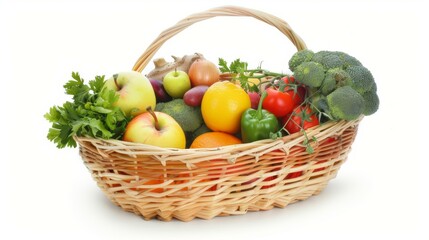 A basket of fruit and vegetables including apples, oranges, tomatoes