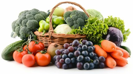A basket of fruits and vegetables including tomatoes, grapes, broccoli
