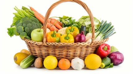 A basket of fruits and vegetables including apples, oranges, carrots
