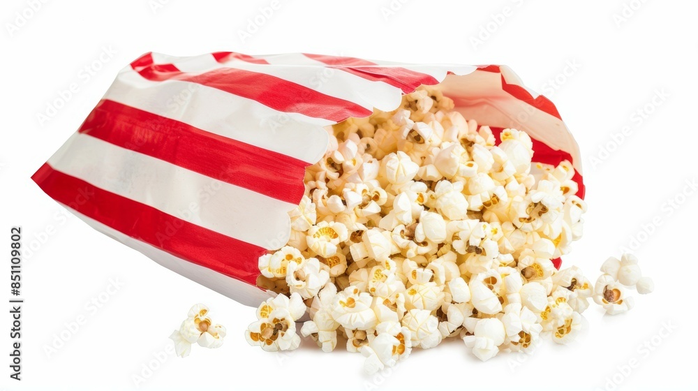 Poster a bag of popcorn is opened and the kernels are scattered on a white background