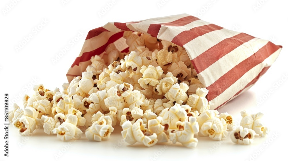 Poster a bag of popcorn is opened and the kernels are scattered on a white background