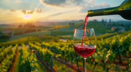 A glass of red wine is poured into a wine glass