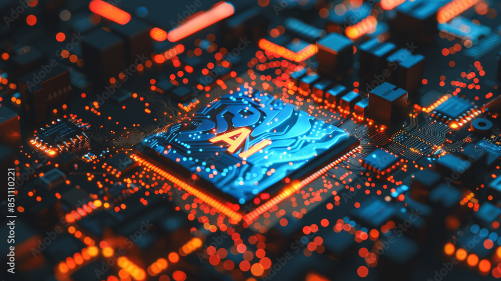 Poster artificial intelligence and ai technology concept processor chip or mother board background llms
