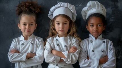 Three children stand in a row, each wearing a white chefs uniform and hat, looking at the camera with their arms crossed.