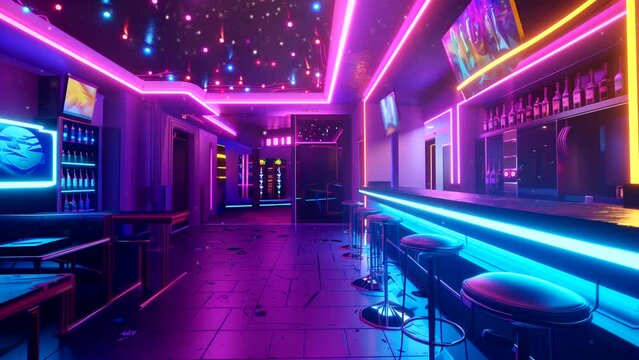 Interior bar with furniture and neon lighting. Seamless looping time-lapse video background.