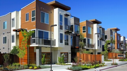 Fototapeta premium Modern town houses of brick and glass on urban street