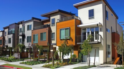 Fototapeta premium Modern town houses of brick and glass on urban street