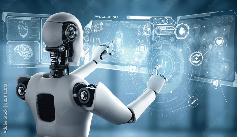 Poster mlp 3d illustration future medical technology controlled by ai robot using machine learning and arti