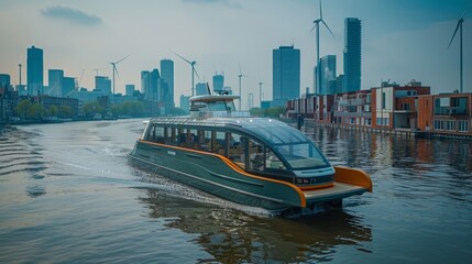 A modern, electric ferry boat cruises down a canal in a Dutch city, passing under a bridge with a city skyline in the background.
