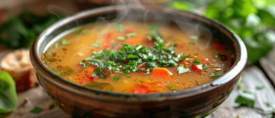 A bowl of soup with a lot of vegetables and herbs