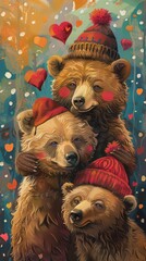 Three brown bears wearing winter hats hugging each other showing love