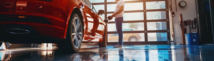 A man is washing a red car in a garage. The car is parked in a garage with a clock on the wall