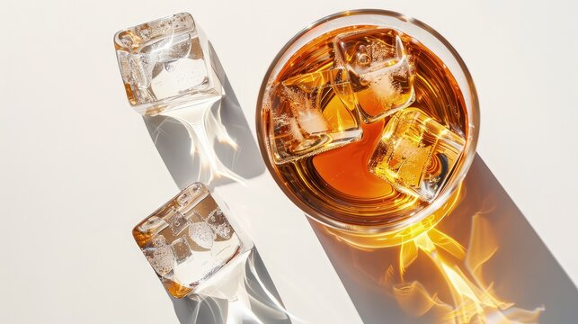 Aerial view of a whiskey glass with whiskey and three ice cubes with a shadow isolated on white.
