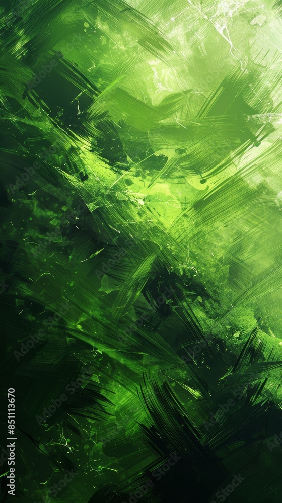 Poster green abstract background with brush strokes creating dynamic composition