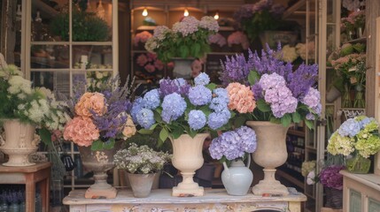 A colorful display of hydrangeas, lavender, and other flowers in white, blue, and pink vases sits outside a flower shop. The shop is located in France.