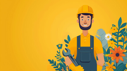 Illustration of a worker wearing a work cover and a case holding a key on a yellow background.