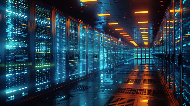 Control modules heat power. Computer servers Data Center With Multiple Rows of Fully Operational Server Racks.super computer concep