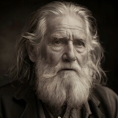 Portrait of an old man in his eighties with long tangled hair and beard.