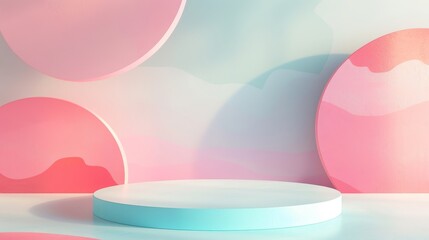 Soft pastel background with abstract shapes, vibrant yet soothing colors, showcasing a stylish podium for product display