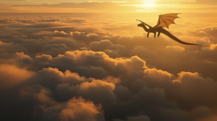 Dragon flying over rolling clouds at sunrise towards the camera