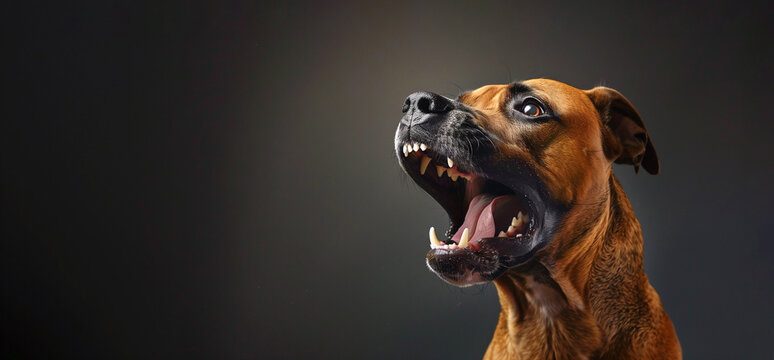 Design Barking Brown Playful Pit Bull Terrier On Black Background. Horizontal Mockup. Copy Space. Breeding. Dog Training Or Pet Clinic. Canine Emotions. AI Generated