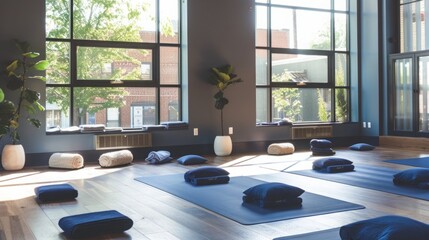 A yoga studio with large windows and natural light, featuring blue yoga mats and cushions, set up for a class.