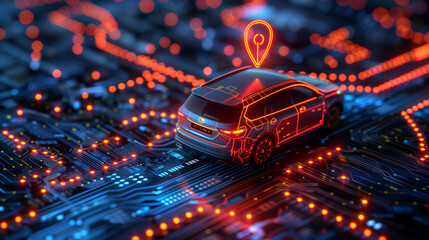 3d design of a car with a location logo on top, on a futuristic technological circuits, gps localization.