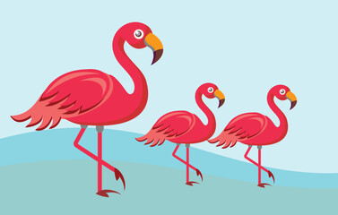 Flamingo vector icon, cartoon pink tropical bird, summer animals set, cute zoo characters background. Exotic fauna illustration